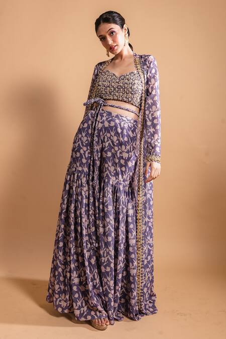 Buy Ria Shah Label Purple Polyester Embroidery Sweetheart Neck, Floral Printed Jacket And Sharara Set Online at Aza Fashions Buy_Ria Shah Label_Purple Polyester Embroidery Sweetheart Neck, Floral Printed Jacket And Sharara Set _Online_at_Aza_Fashions