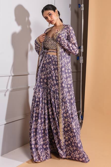 Shop Ria Shah Label Purple Polyester Embroidery Sweetheart Neck, Floral Printed Jacket And Sharara Set Online at Aza Fashions Shop_Ria Shah Label_Purple Polyester Embroidery Sweetheart Neck, Floral Printed Jacket And Sharara Set _Online_at_Aza_Fashions