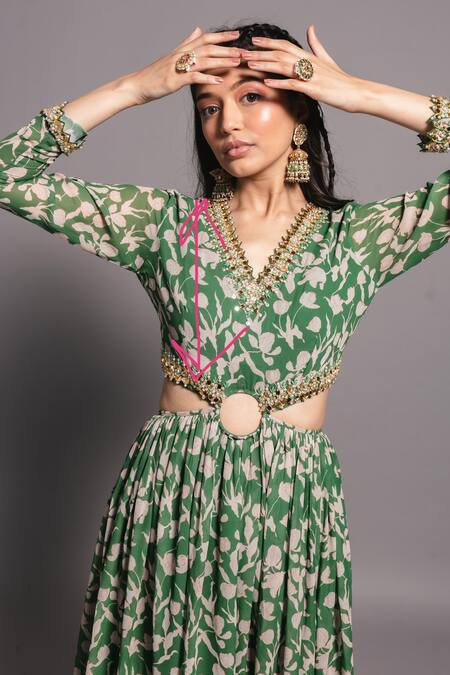 Buy Ria Shah Label Green Polyester Embroidery V-neck Floral Print Cut-out Anarkali Dress Online at Aza Fashions Buy_Ria Shah Label_Green Polyester Embroidery V-neck Floral Print Cut-out Anarkali Dress _Online_at_Aza_Fashions