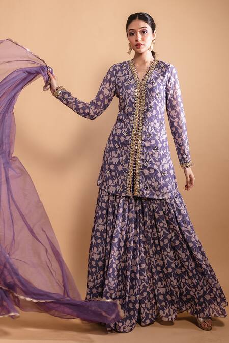 Ria Shah Label Purple Polyester Embroidery V-neck Floral Print Kurta Sharara Set Online at Aza Fashions Ria Shah Label_Purple Polyester Embroidery V-neck Floral Print Kurta Sharara Set _Online_at_Aza_Fashions