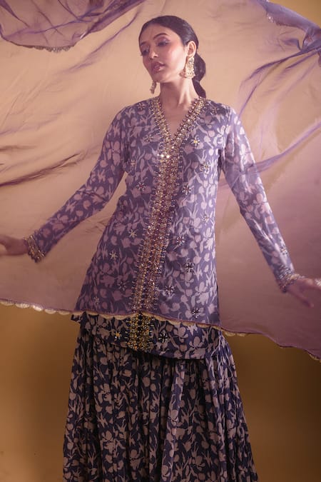 Shop Ria Shah Label Purple Polyester Embroidery V-neck Floral Print Kurta Sharara Set Online at Aza Fashions Shop_Ria Shah Label_Purple Polyester Embroidery V-neck Floral Print Kurta Sharara Set _Online_at_Aza_Fashions
