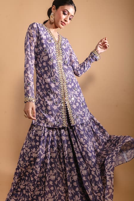 Ria Shah Label Purple Polyester Embroidery V-neck Floral Print Kurta Sharara Set at Aza Fashions Ria Shah Label_Purple Polyester Embroidery V-neck Floral Print Kurta Sharara Set _at_Aza_Fashions