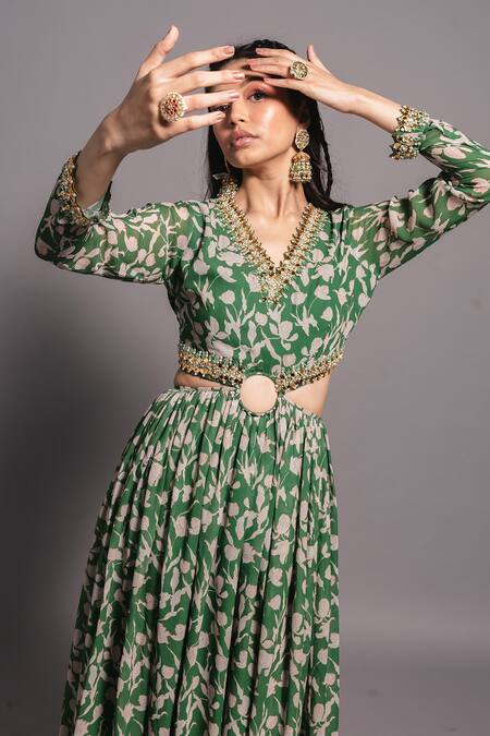 Shop Ria Shah Label Green Polyester Embroidery V-neck Floral Print Cut-out Anarkali Dress Online at Aza Fashions Shop_Ria Shah Label_Green Polyester Embroidery V-neck Floral Print Cut-out Anarkali Dress _Online_at_Aza_Fashions