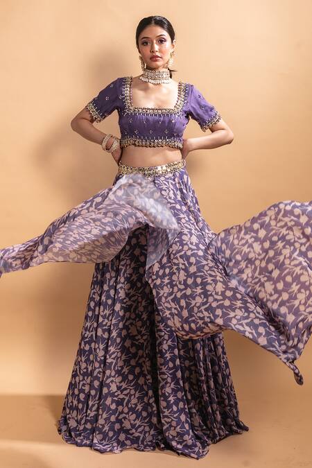 Ria Shah Label Purple Polyester Sequins, Beads, Floral Print Double Layered Lehenga Set Online at Aza Fashions Ria Shah Label_Purple Polyester Sequins, Beads, Floral Print Double Layered Lehenga Set _Online_at_Aza_Fashions