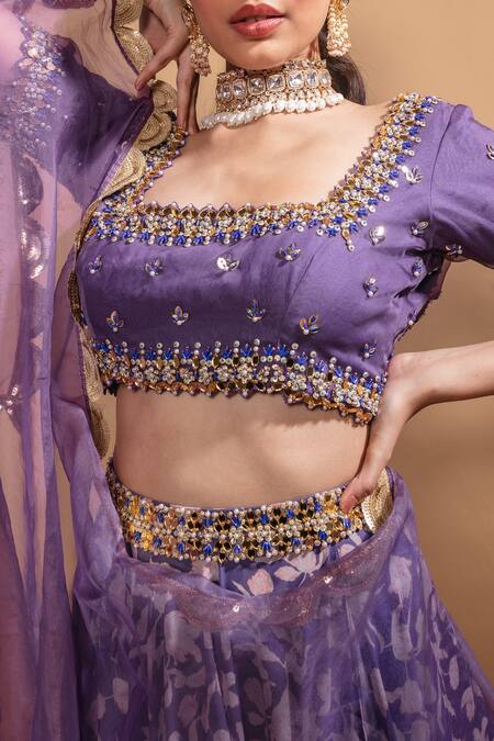 Ria Shah Label Purple Polyester Sequins, Beads, Floral Print Double Layered Lehenga Set at Aza Fashions Ria Shah Label_Purple Polyester Sequins, Beads, Floral Print Double Layered Lehenga Set _at_Aza_Fashions