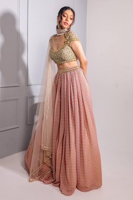 Ria Shah Label Multi Color Polyester Embroidery, Sequins V-neck Floral Print Lehenga Set Online at Aza Fashions Ria Shah Label_Multi Color Polyester Embroidery, Sequins V-neck Floral Print Lehenga Set _Online_at_Aza_Fashions