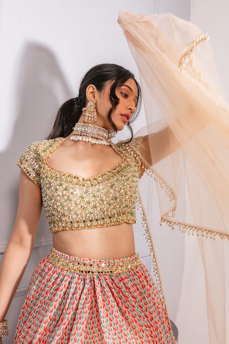 Shop Ria Shah Label Multi Color Polyester Embroidery, Sequins V-neck Floral Print Lehenga Set Online at Aza Fashions Shop_Ria Shah Label_Multi Color Polyester Embroidery, Sequins V-neck Floral Print Lehenga Set _Online_at_Aza_Fashions