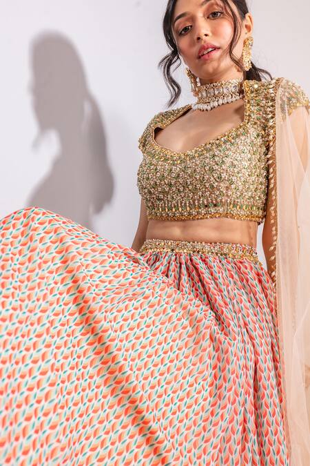 Buy Ria Shah Label Multi Color Polyester Embroidery, Sequins V-neck Floral Print Lehenga Set Buy_Ria Shah Label_Multi Color Polyester Embroidery, Sequins V-neck Floral Print Lehenga Set