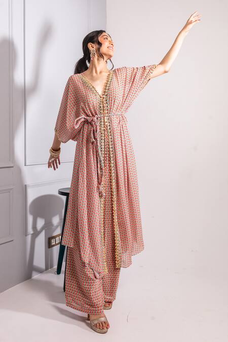 Ria Shah Label_Multi Color Polyester Embroidery V-neck Floral Print Kaftan And Wide Pant Set _Online_at_Aza_Fashions