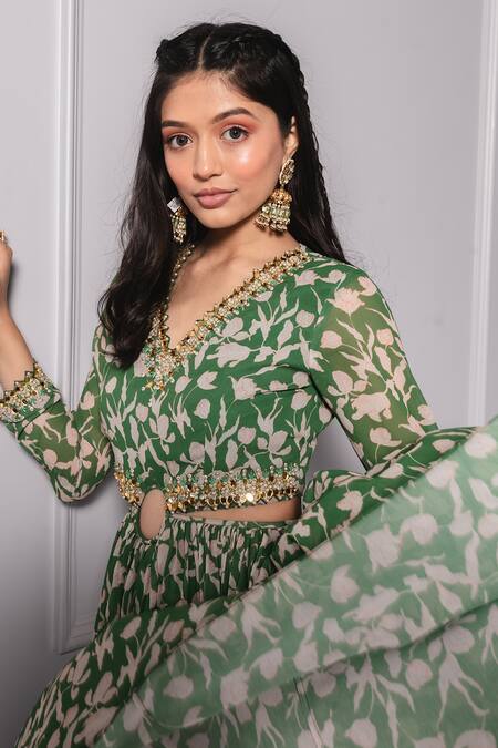 Buy Ria Shah Label Green Polyester Embroidery V-neck Floral Print Cut-out Anarkali Dress Buy_Ria Shah Label_Green Polyester Embroidery V-neck Floral Print Cut-out Anarkali Dress