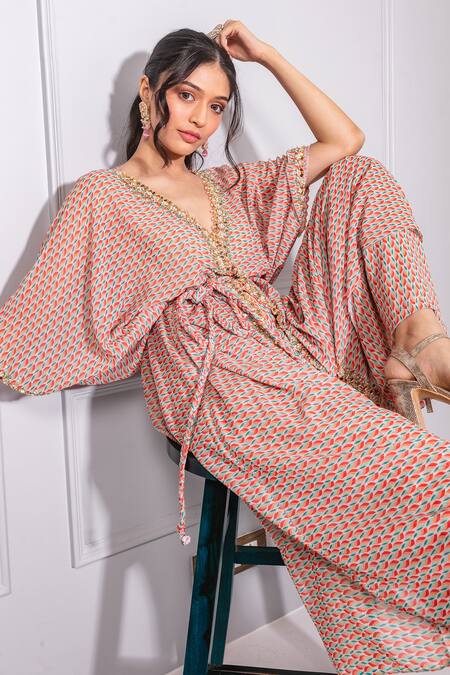 Shop_Ria Shah Label_Multi Color Polyester Embroidery V-neck Floral Print Kaftan And Wide Pant Set _Online_at_Aza_Fashions