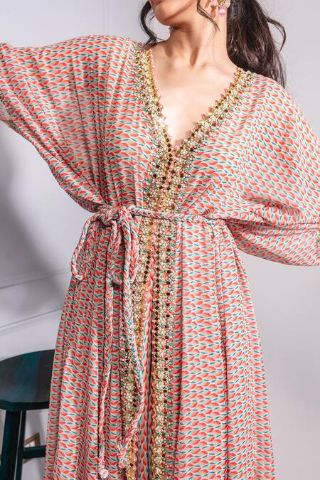 Ria Shah Label_Multi Color Polyester Embroidery V-neck Floral Print Kaftan And Wide Pant Set _at_Aza_Fashions