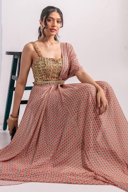 Ria Shah Label Multi Color Polyester Embroidery Floral Print Pant Saree With Bustier Online at Aza Fashions Ria Shah Label_Multi Color Polyester Embroidery Floral Print Pant Saree With Bustier _Online_at_Aza_Fashions