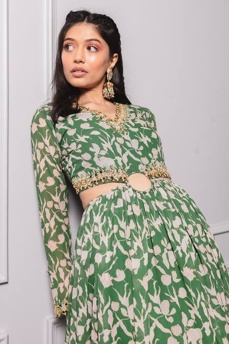 Shop Ria Shah Label Green Polyester Embroidery V-neck Floral Print Cut-out Anarkali Dress Shop_Ria Shah Label_Green Polyester Embroidery V-neck Floral Print Cut-out Anarkali Dress