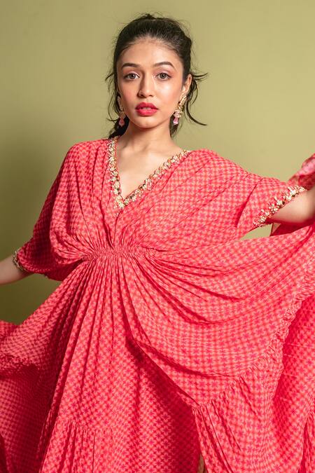 Buy Ria Shah Label Pink Polyester Embroidery V-neck Floral V Kaftan Set With Wide Pant Online at Aza Fashions Buy_Ria Shah Label_Pink Polyester Embroidery V-neck Floral V Kaftan Set With Wide Pant _Online_at_Aza_Fashions