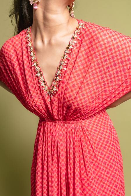 Shop Ria Shah Label Pink Polyester Embroidery V-neck Floral V Kaftan Set With Wide Pant Online at Aza Fashions Shop_Ria Shah Label_Pink Polyester Embroidery V-neck Floral V Kaftan Set With Wide Pant _Online_at_Aza_Fashions