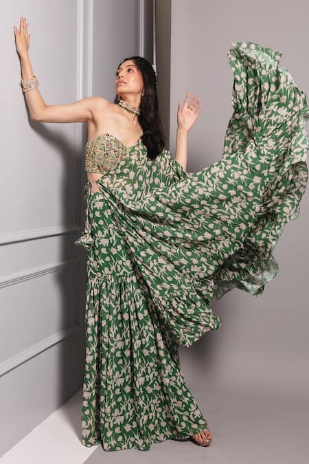 Ria Shah Label_Green Polyester Beads, Embroidery Floral Print One Sided Cape And Sharara Set _Online_at_Aza_Fashions