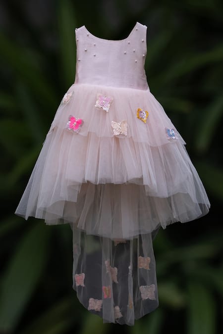 Darleen Kids Couture_Peach Satin, Net, Taffeta Smocking, Sequins Rianna Embellished Dress _Online_at_Aza_Fashions