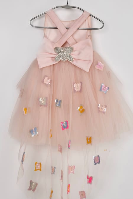 Buy_Darleen Kids Couture_Peach Satin, Net, Taffeta Smocking, Sequins Rianna Embellished Dress _Online_at_Aza_Fashions