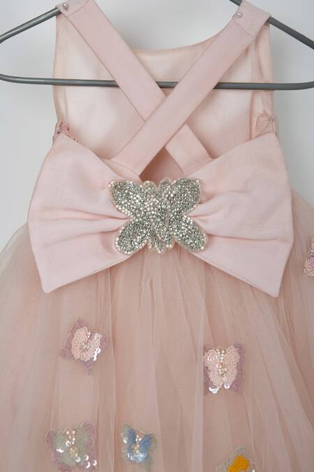 Shop_Darleen Kids Couture_Peach Satin, Net, Taffeta Smocking, Sequins Rianna Embellished Dress _Online_at_Aza_Fashions