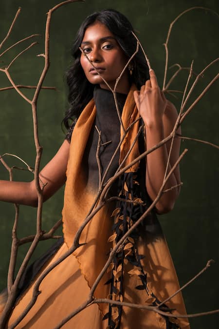 Richa Khemka Brown Organza, Modal, Taffeta Embroidery Cowl Two Toned Leaves Ornamented Gown Online at Aza Fashions Richa Khemka_Brown Organza, Modal, Taffeta Embroidery Cowl Two Toned Leaves Ornamented Gown _Online_at_Aza_Fashions