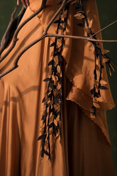 Buy Richa Khemka Brown Organza, Modal, Taffeta Embroidery Cowl Two Toned Leaves Ornamented Gown Online at Aza Fashions Buy_Richa Khemka_Brown Organza, Modal, Taffeta Embroidery Cowl Two Toned Leaves Ornamented Gown _Online_at_Aza_Fashions
