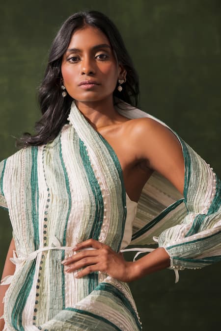 Richa Khemka Green Bamboo, Taffeta, Organza, Silk Deep Embroidered Drape And Jumpsuit Set Online at Aza Fashions Richa Khemka_Green Bamboo, Taffeta, Organza, Silk Deep Embroidered Drape And Jumpsuit Set _Online_at_Aza_Fashions