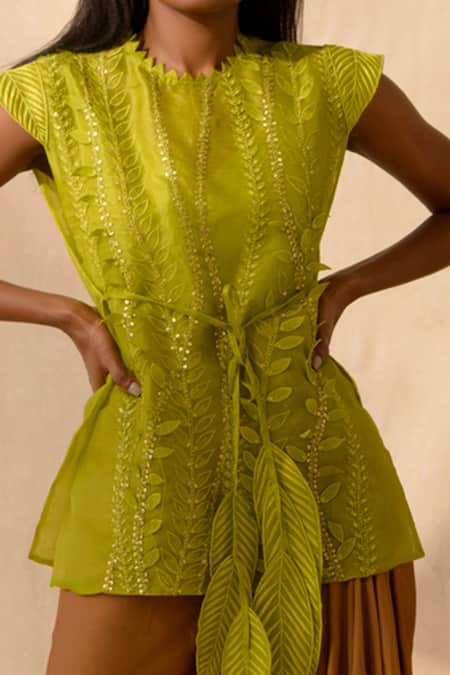 Richa Khemka_Green Organza, Modal, Taffeta Pearls, Kanan Embellished Overlay And Skirt Set _Online_at_Aza_Fashions