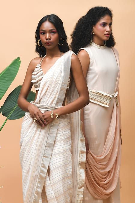 Rishi and Vibhuti Pink Georgette, Linen Round Neck Afreen Neckline Embroidered Draped Dress Online at Aza Fashions Rishi and Vibhuti_Pink Georgette, Linen Round Neck Afreen Neckline Embroidered Draped Dress _Online_at_Aza_Fashions