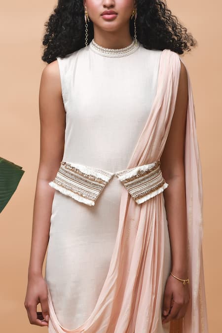 Shop Rishi and Vibhuti Pink Georgette, Linen Round Neck Afreen Neckline Embroidered Draped Dress Online at Aza Fashions Shop_Rishi and Vibhuti_Pink Georgette, Linen Round Neck Afreen Neckline Embroidered Draped Dress _Online_at_Aza_Fashions