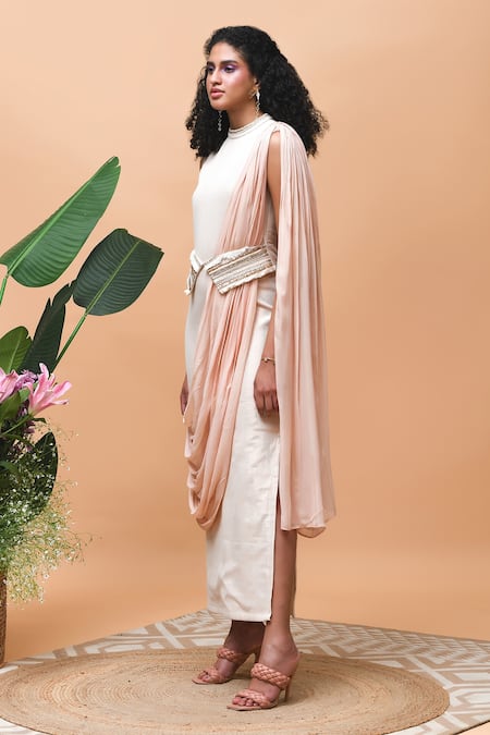 Rishi and Vibhuti Pink Georgette, Linen Round Neck Afreen Neckline Embroidered Draped Dress at Aza Fashions Rishi and Vibhuti_Pink Georgette, Linen Round Neck Afreen Neckline Embroidered Draped Dress _at_Aza_Fashions