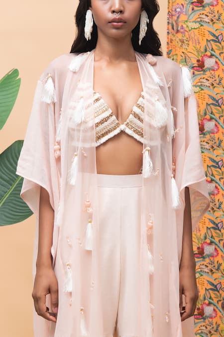 Rishi and Vibhuti Pink Linen, Organza Pearls, Tassels V-neck Aurora Embellished Cape And Pant Set Online at Aza Fashions Rishi and Vibhuti_Pink Linen, Organza Pearls, Tassels V-neck Aurora Embellished Cape And Pant Set _Online_at_Aza_Fashions