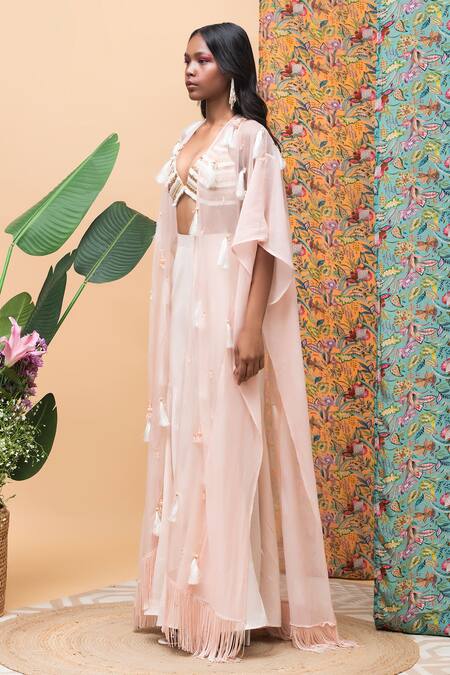 Buy Rishi and Vibhuti Pink Linen, Organza Pearls, Tassels V-neck Aurora Embellished Cape And Pant Set Online at Aza Fashions Buy_Rishi and Vibhuti_Pink Linen, Organza Pearls, Tassels V-neck Aurora Embellished Cape And Pant Set _Online_at_Aza_Fashions