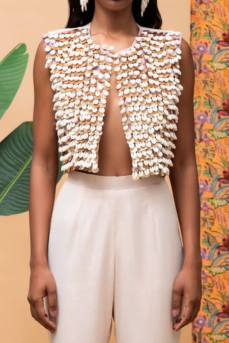 Buy Rishi and Vibhuti Pink Linen Embroidery Open Neck Hasta Vista Embellished Jacket And Pant Set Online at Aza Fashions Buy_Rishi and Vibhuti_Pink Linen Embroidery Open Neck Hasta Vista Embellished Jacket And Pant Set _Online_at_Aza_Fashions