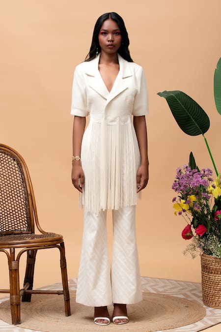 Rishi and Vibhuti Ivory Jersey, Cotton Fringe Collared Senorita Embellished Jacket And Pant Set Online at Aza Fashions Rishi and Vibhuti_Ivory Jersey, Cotton Fringe Collared Senorita Embellished Jacket And Pant Set _Online_at_Aza_Fashions