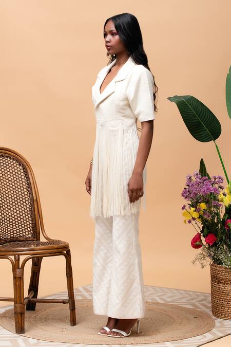 Shop Rishi and Vibhuti Ivory Jersey, Cotton Fringe Collared Senorita Embellished Jacket And Pant Set Online at Aza Fashions Shop_Rishi and Vibhuti_Ivory Jersey, Cotton Fringe Collared Senorita Embellished Jacket And Pant Set _Online_at_Aza_Fashions