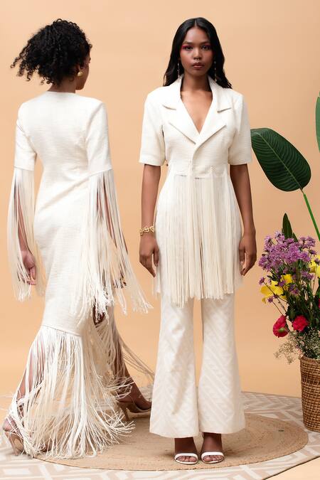 Rishi and Vibhuti Ivory Jersey, Cotton Fringe Collared Senorita Embellished Jacket And Pant Set at Aza Fashions Rishi and Vibhuti_Ivory Jersey, Cotton Fringe Collared Senorita Embellished Jacket And Pant Set _at_Aza_Fashions