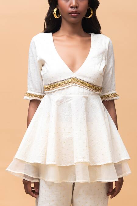Rishi and Vibhuti Ivory Cotton Zari, Bows V-neck Peplum Top And Gharara Pant Set Online at Aza Fashions Rishi and Vibhuti_Ivory Cotton Zari, Bows V-neck Peplum Top And Gharara Pant Set _Online_at_Aza_Fashions
