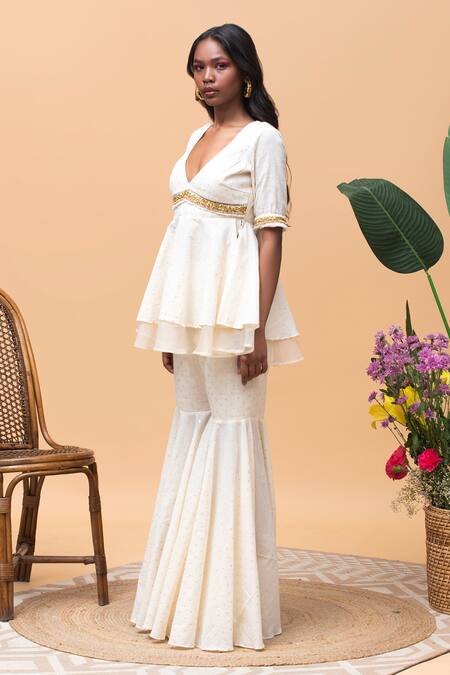 Buy Rishi and Vibhuti Ivory Cotton Zari, Bows V-neck Peplum Top And Gharara Pant Set Online at Aza Fashions Buy_Rishi and Vibhuti_Ivory Cotton Zari, Bows V-neck Peplum Top And Gharara Pant Set _Online_at_Aza_Fashions