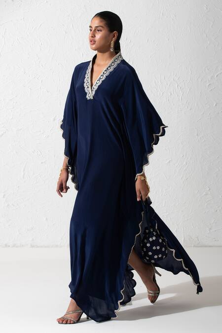 Shop Rishi and Vibhuti Blue Crepe Zari V-neck Haya Neckline Embroidered Kaftan Online at Aza Fashions Shop_Rishi and Vibhuti_Blue Crepe Zari V-neck Haya Neckline Embroidered Kaftan _Online_at_Aza_Fashions
