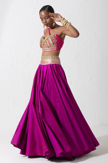 Buy Rishi and Vibhuti Pink Taffeta, Silk Embroidery One Shoulder Bralette And Skirt Set Online at Aza Fashions Buy_Rishi and Vibhuti_Pink Taffeta, Silk Embroidery One Shoulder Bralette And Skirt Set _Online_at_Aza_Fashions