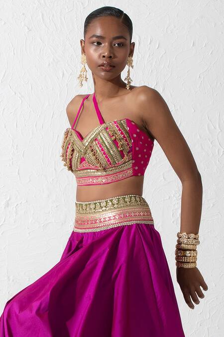 Shop Rishi and Vibhuti Pink Taffeta, Silk Embroidery One Shoulder Bralette And Skirt Set Online at Aza Fashions Shop_Rishi and Vibhuti_Pink Taffeta, Silk Embroidery One Shoulder Bralette And Skirt Set _Online_at_Aza_Fashions