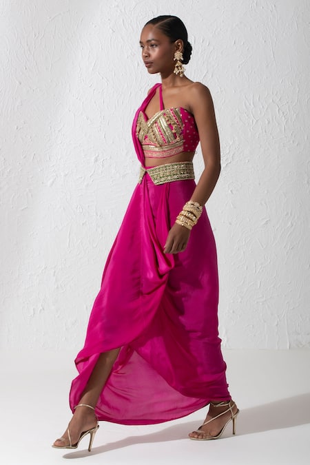 Rishi and Vibhuti Pink Crepe, Silk Zari, Embroidery One Sea Mist Pre-draped Saree With Blouse Online at Aza Fashions Rishi and Vibhuti_Pink Crepe, Silk Zari, Embroidery One Sea Mist Pre-draped Saree With Blouse _Online_at_Aza_Fashions