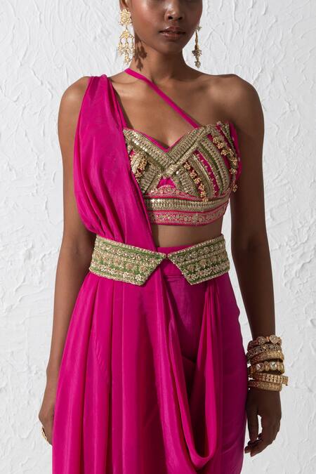 Buy Rishi and Vibhuti Pink Crepe, Silk Zari, Embroidery One Sea Mist Pre-draped Saree With Blouse Online at Aza Fashions Buy_Rishi and Vibhuti_Pink Crepe, Silk Zari, Embroidery One Sea Mist Pre-draped Saree With Blouse _Online_at_Aza_Fashions