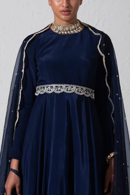 Rishi and Vibhuti_Blue Crepe, Organza, Net Zari, Sequins Short Anarkali Embroidered Gharara Set _Online_at_Aza_Fashions