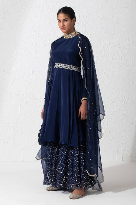 Buy_Rishi and Vibhuti_Blue Crepe, Organza, Net Zari, Sequins Short Anarkali Embroidered Gharara Set _Online_at_Aza_Fashions