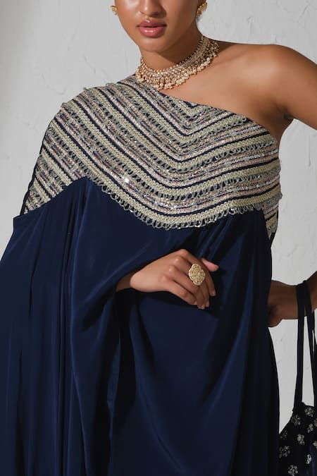 Rishi and Vibhuti Blue Crepe, Silk Embroidery Alora One Shoulder Cape And Wide Leg Pant Set Online at Aza Fashions Rishi and Vibhuti_Blue Crepe, Silk Embroidery Alora One Shoulder Cape And Wide Leg Pant Set _Online_at_Aza_Fashions