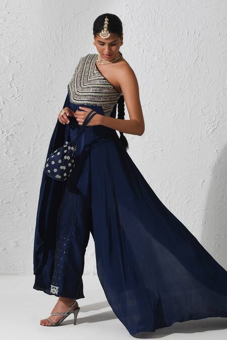 Buy Rishi and Vibhuti Blue Crepe, Silk Embroidery Alora One Shoulder Cape And Wide Leg Pant Set Online at Aza Fashions Buy_Rishi and Vibhuti_Blue Crepe, Silk Embroidery Alora One Shoulder Cape And Wide Leg Pant Set _Online_at_Aza_Fashions