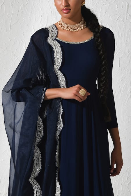 Rishi and Vibhuti Blue Crepe, Organza, Silk Embroidery, Zari Scoop Stella Neckline Anarkali Set Online at Aza Fashions Rishi and Vibhuti_Blue Crepe, Organza, Silk Embroidery, Zari Scoop Stella Neckline Anarkali Set _Online_at_Aza_Fashions