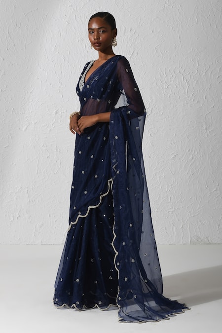 Buy Rishi and Vibhuti Blue Organza, Crepe Sequins, Zari Izel Embroidered Saree With Sleeveless Blouse Online at Aza Fashions Buy_Rishi and Vibhuti_Blue Organza, Crepe Sequins, Zari Izel Embroidered Saree With Sleeveless Blouse _Online_at_Aza_Fashions